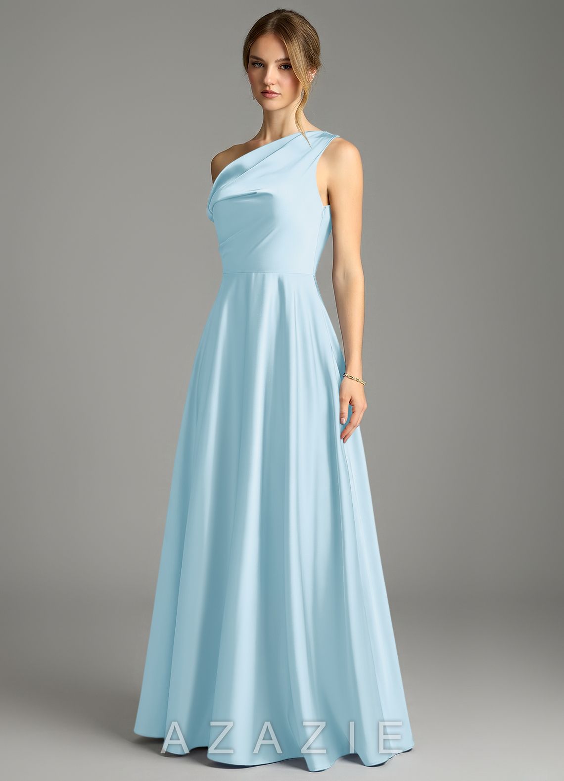 Azazie Xanthe Sky Blue A-Line Off the Shoulder Stretch Satin Dress sky_blue