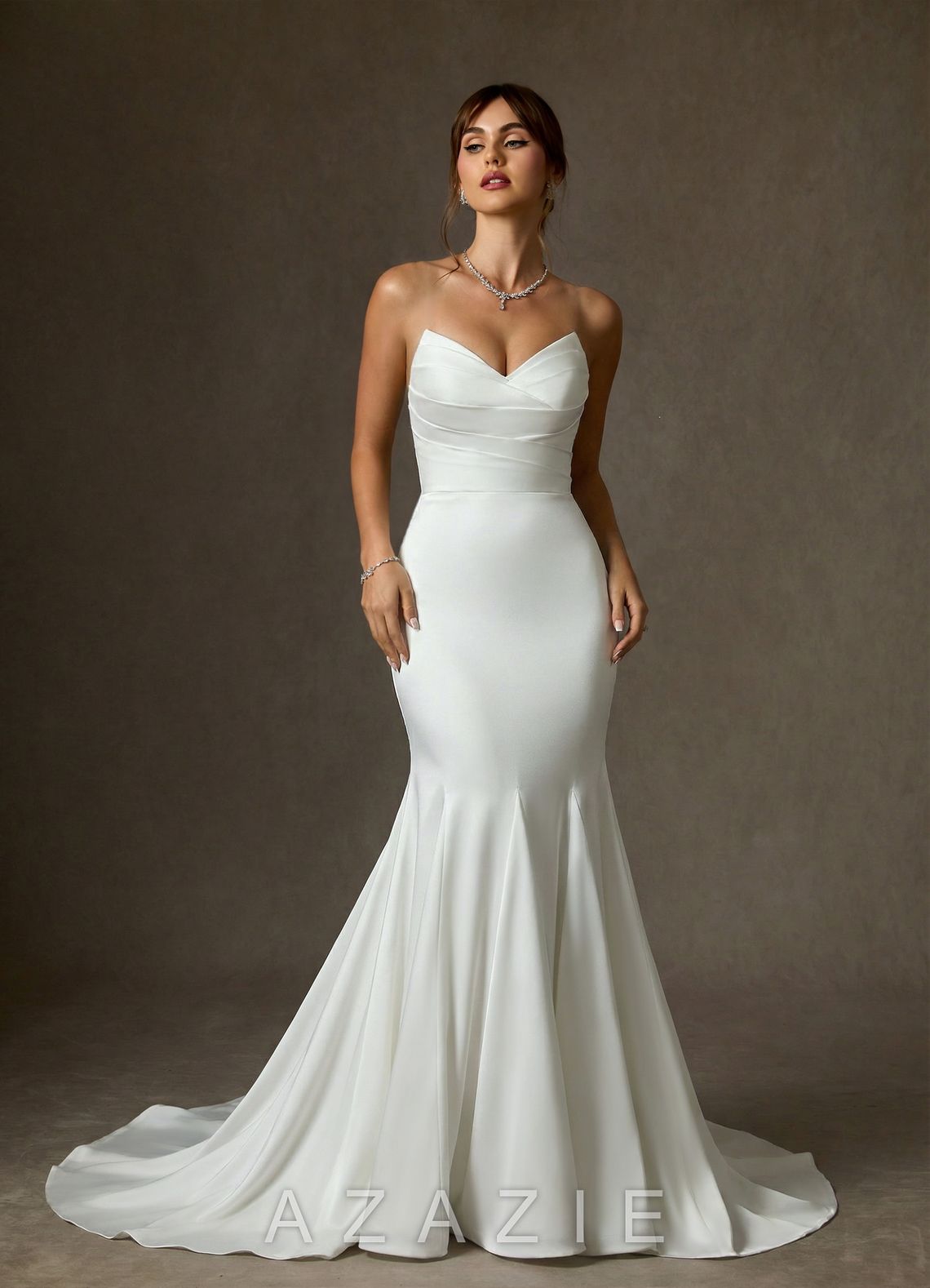 Azazie Lanelle Diamond White Mermaid Crepe Back Satin Dress