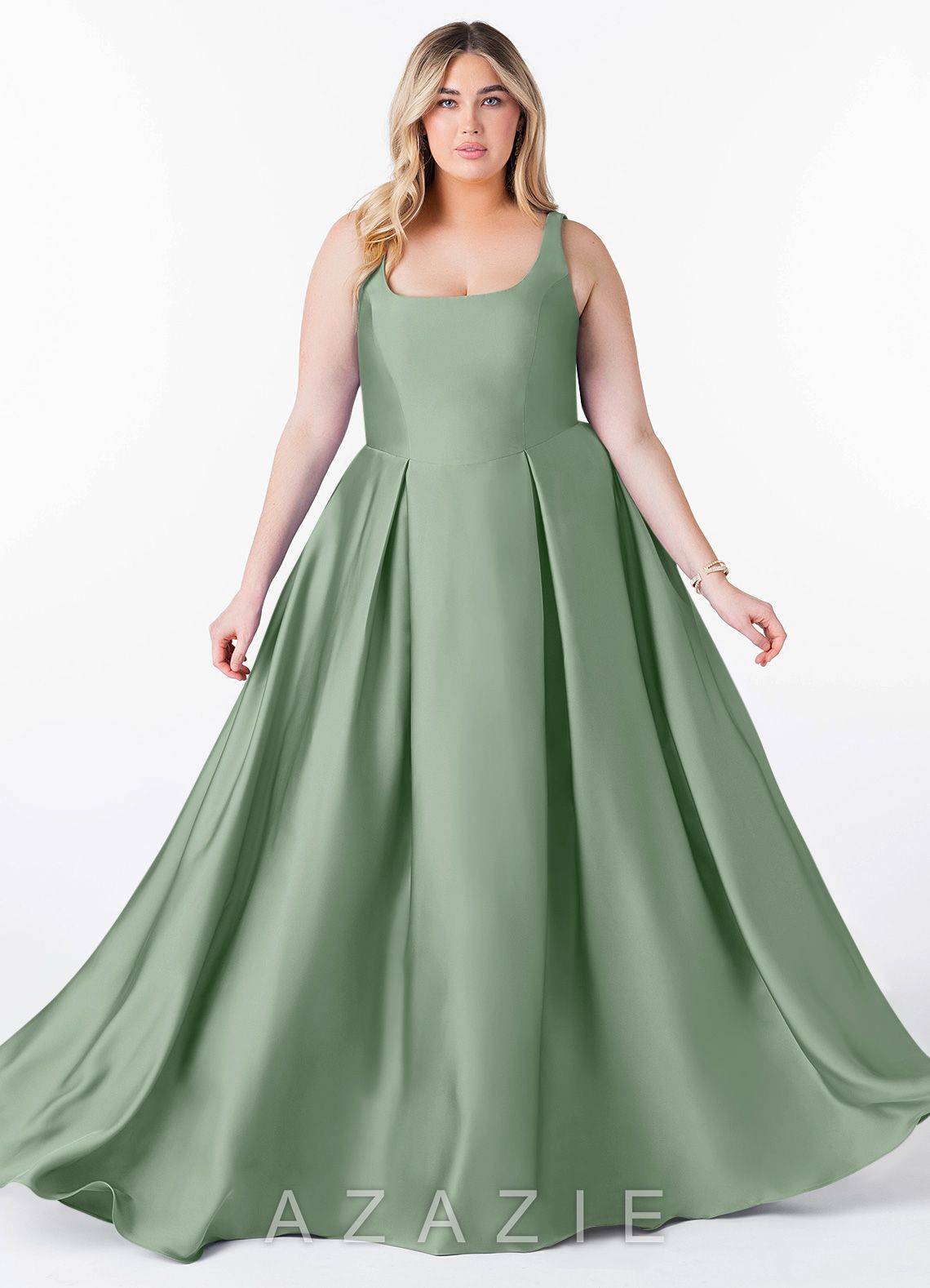 Azazie Neve Matcha Ball-Gown with Pockets Stretch Satin Dress matcha