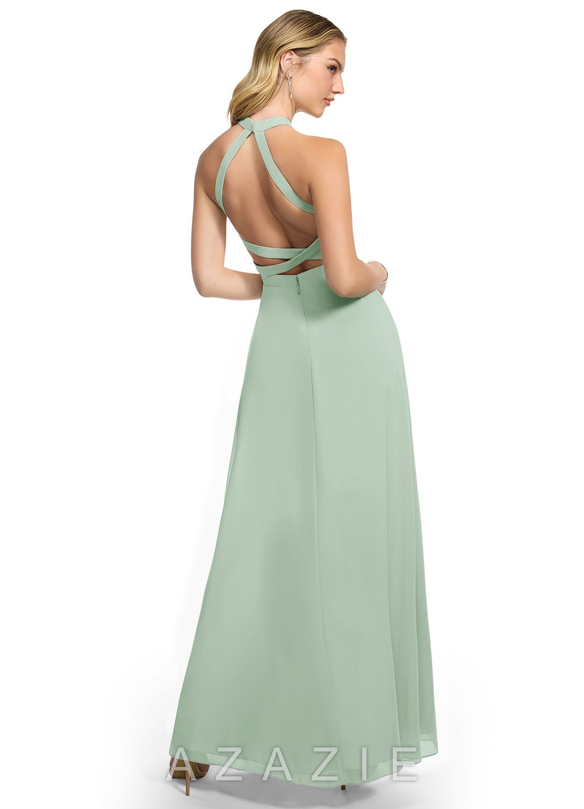Azazie Clarice Agave A-Line Halter Chiffon Dress agave