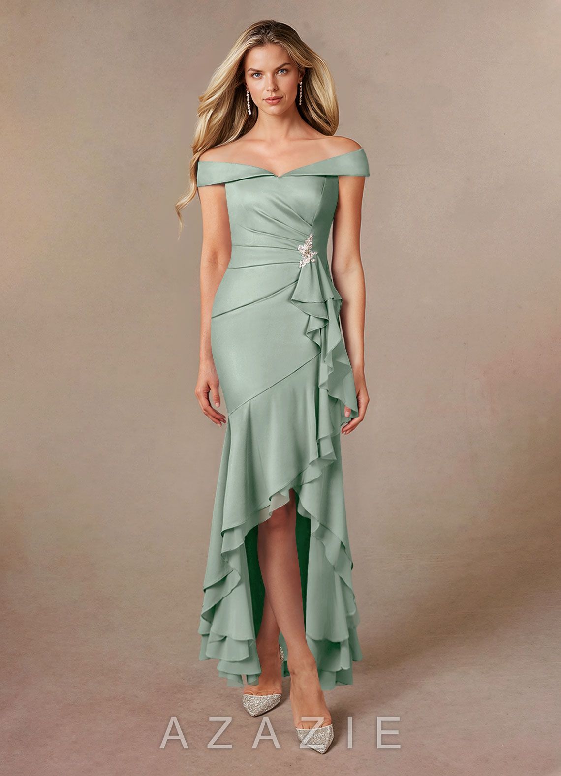Azazie Billings Agave Mermaid Off the Shoulder Stretch Satin Dress agave