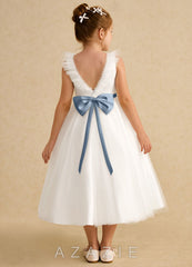 Azazie Amber Ivory Dusty Blue A-Line Bow Tulle Dress