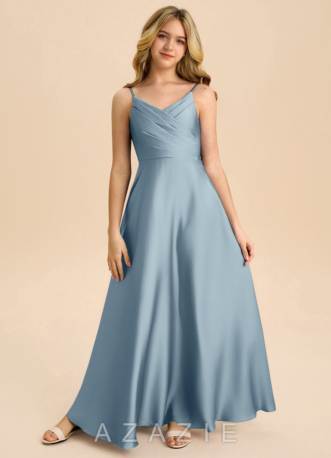Azazie Bug Junior Dusty Blue A-Line Pleated Stretch Satin Dress dusty_blue