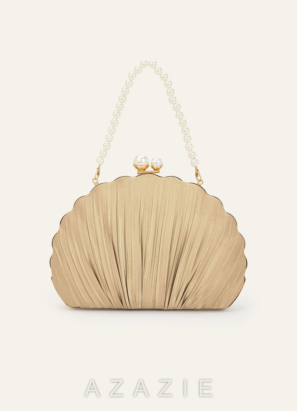 Matching Color Metallic Satin Pearl Strap Pointed Toe Block Heels & Shell-Shape Pleated Clutch Bag  champagne