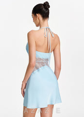 Dorotheiana Sky Blue Lace Satin Open Back A-line Mini Dress