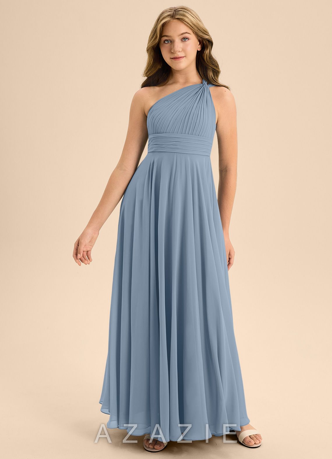 Azazie Charlize Junior Dusty Blue A-Line Pleated Chiffon Dress dusty_blue