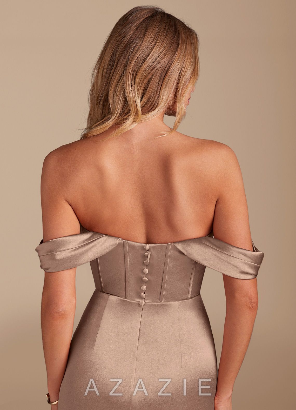 Azazie Asha Taupe Sheath Off the Shoulder Metallic Satin Dress taupe