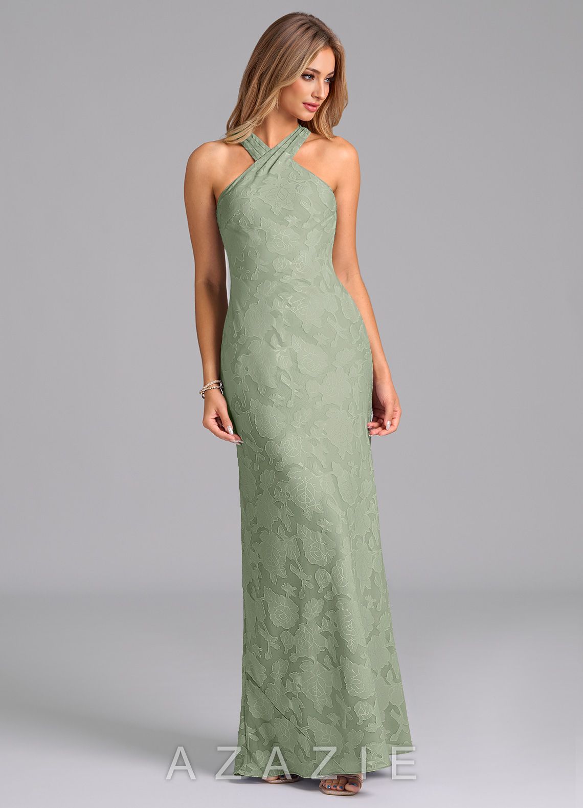 Azazie Doretta Agave Mermaid Pleated Floral Burnout Dress agave