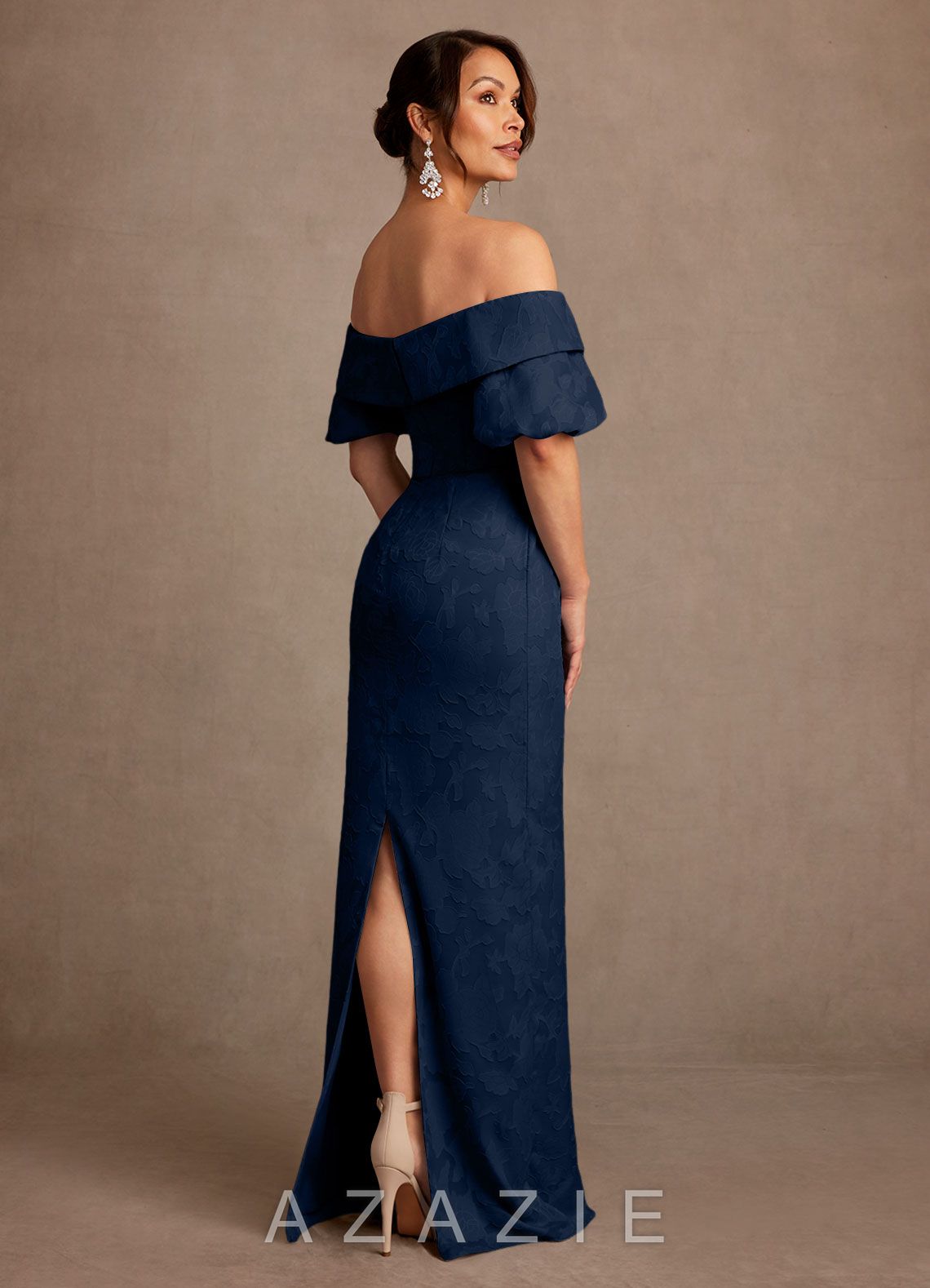 Azazie Golda Dark Navy Sheath Off the Shoulder Floral Burnout Dress dark_navy