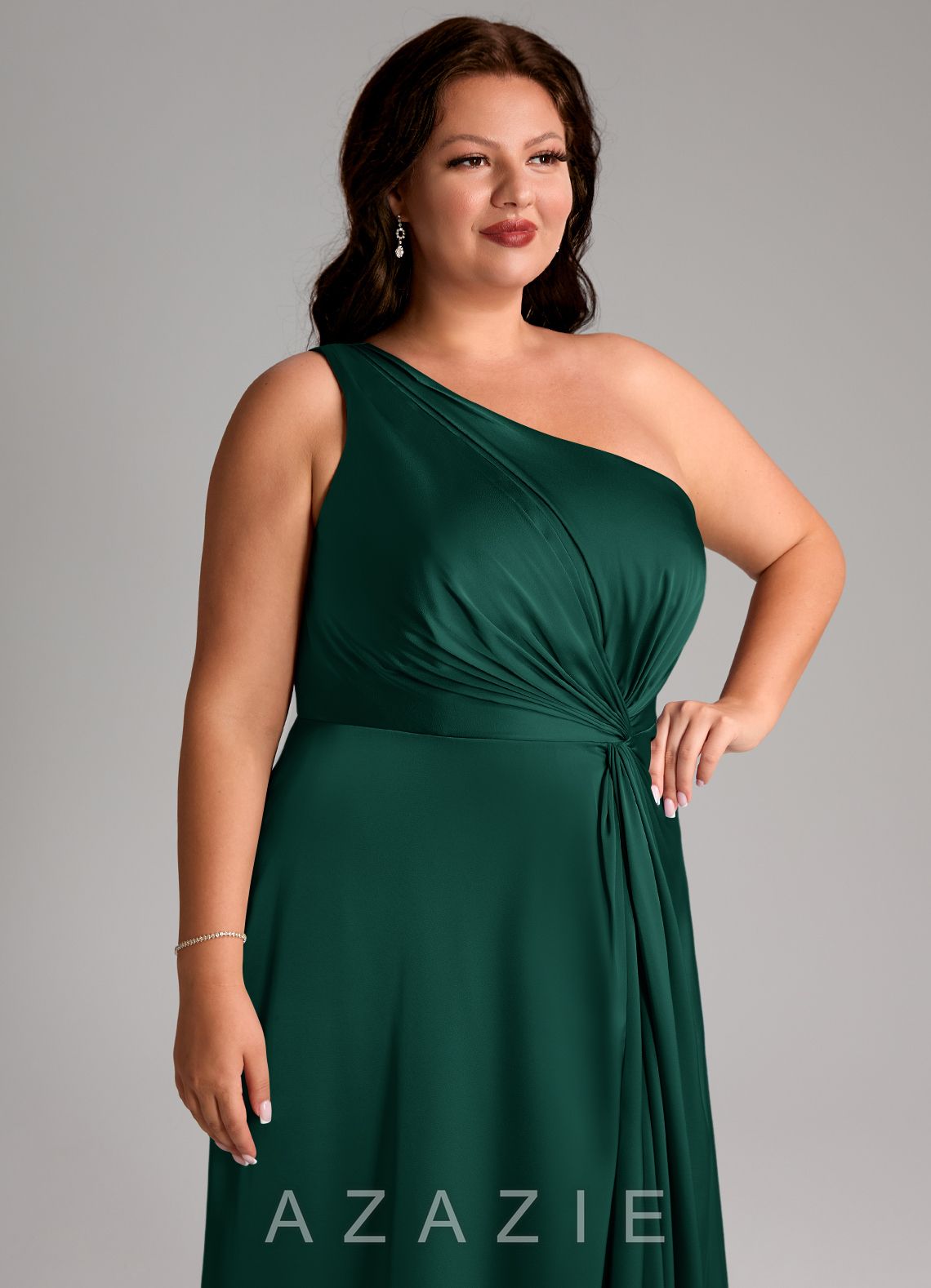 Azazie Brooke Emerald A-Line One Shoulder Stretch Satin Dress emerald