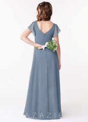 Azazie Omari Junior Dusty Blue A-Line Ruched Chiffon Dress dusty_blue