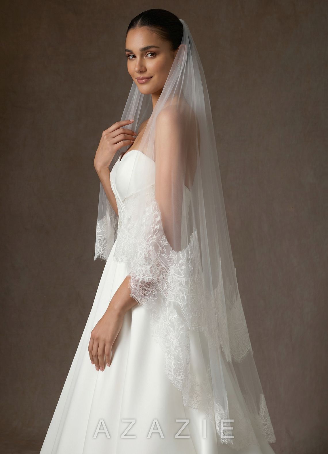 Two-Tier Scalloped Lace Evangeline Fingertip Veil  diamond_white