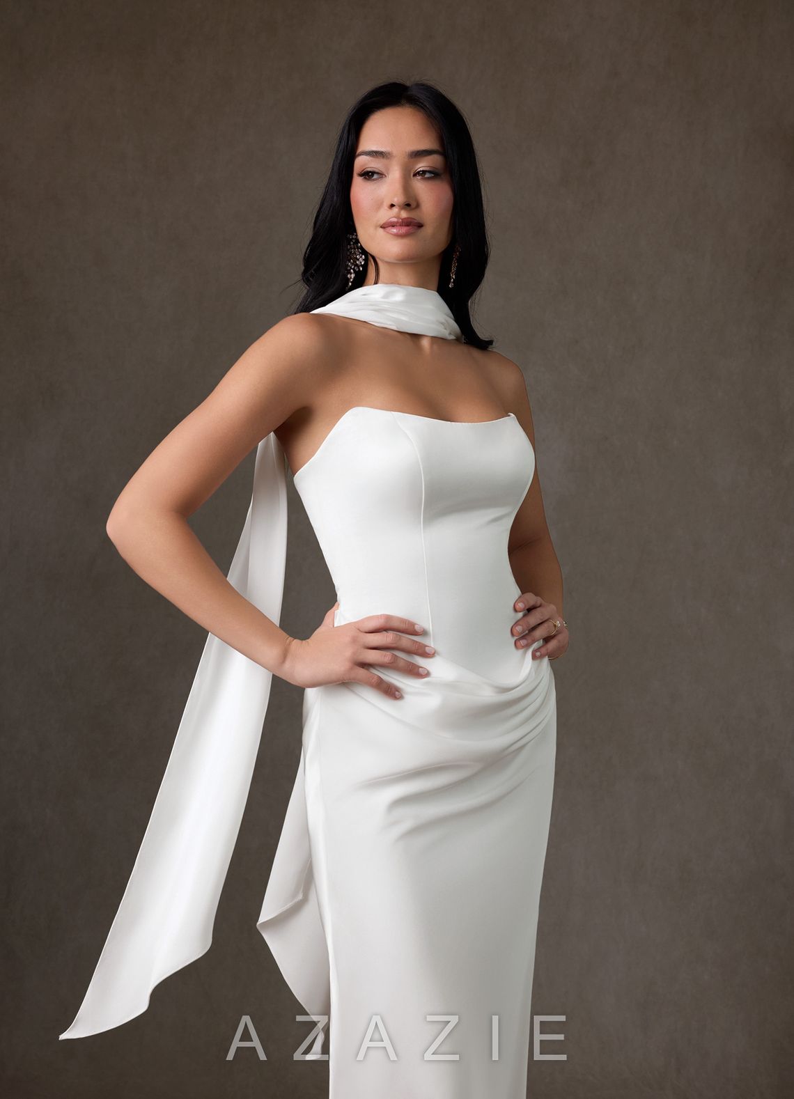 Azazie Samantha Diamond White Sheath Strapless Stretch Satin Dress
