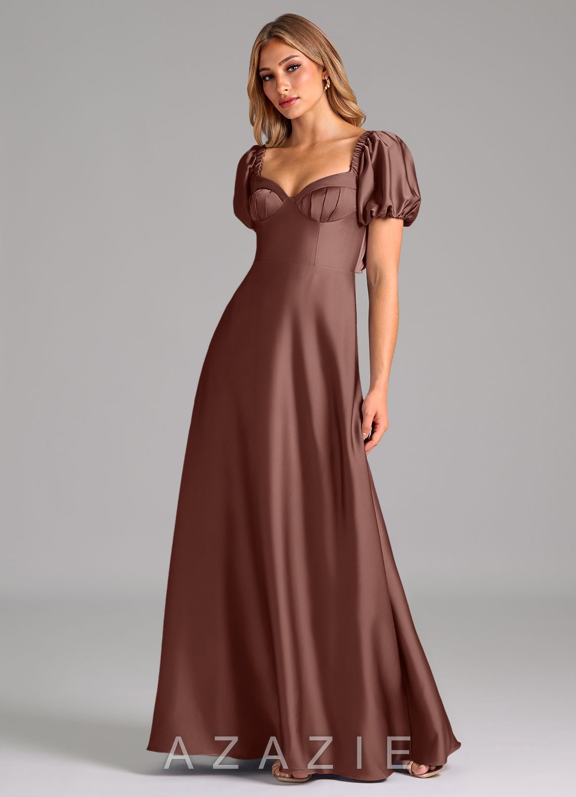 Azazie Fatima Espresso A-Line Sweetheart Neckline Stretch Satin Dress espresso