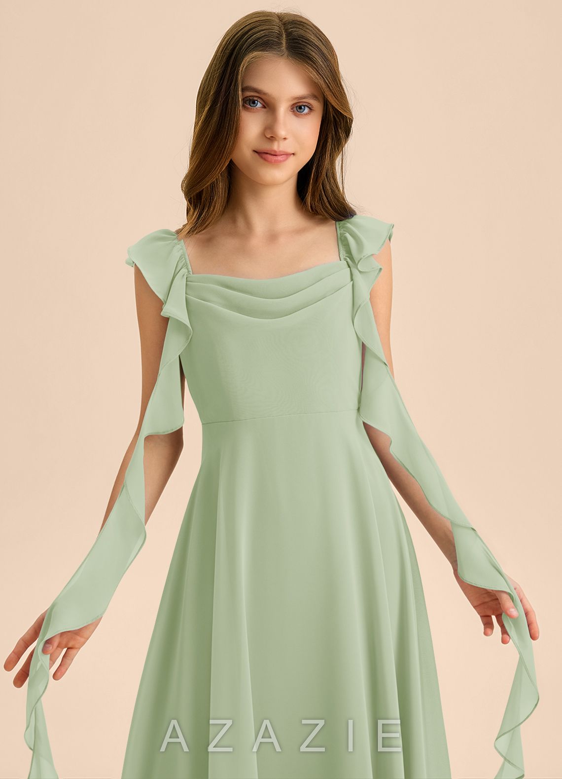 Azazie Carmin Junior Dusty Sage A-Line Ruched Chiffon Dress dusty_sage
