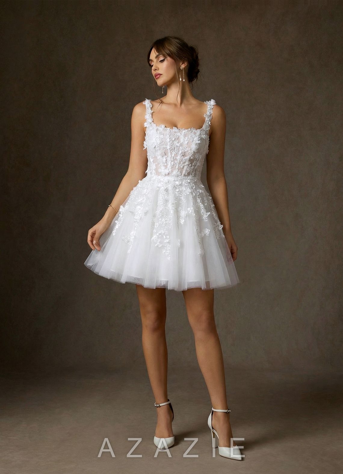 Azazie Sabine Diamond White A-Line Square Neckline Lace Dress diamond_white
