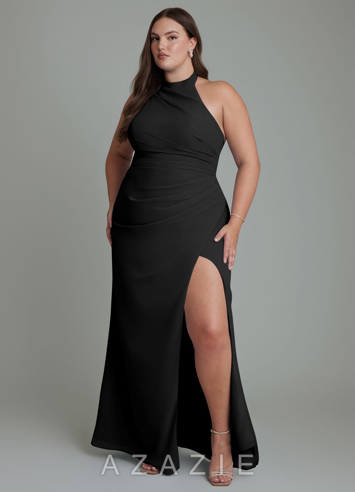 Azazie Jemma Black Sheath Pleated Chiffon Dress black