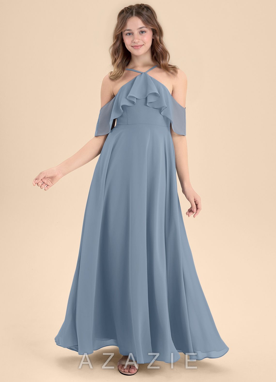 Azazie Tessabelle Junior Dusty Blue A-Line Off the Shoulder Chiffon Dress dusty_blue