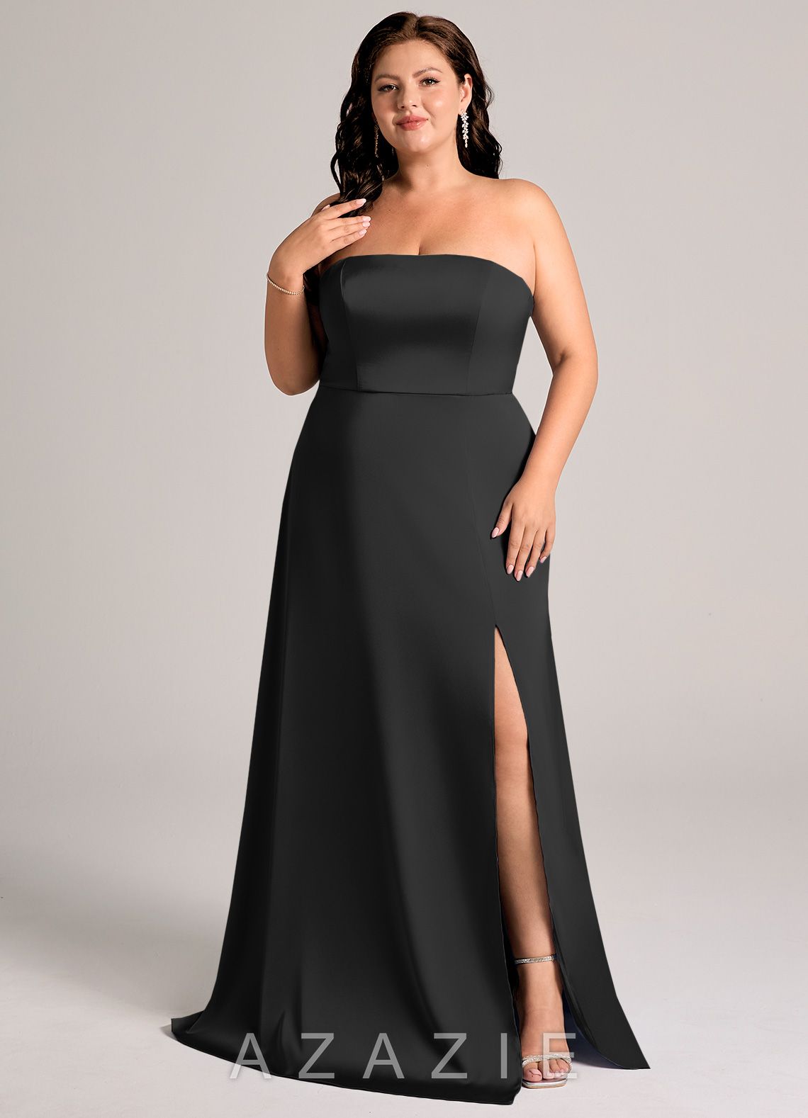 Azazie Wren Black A-Line Strapless Stretch Satin Convertible Dress black