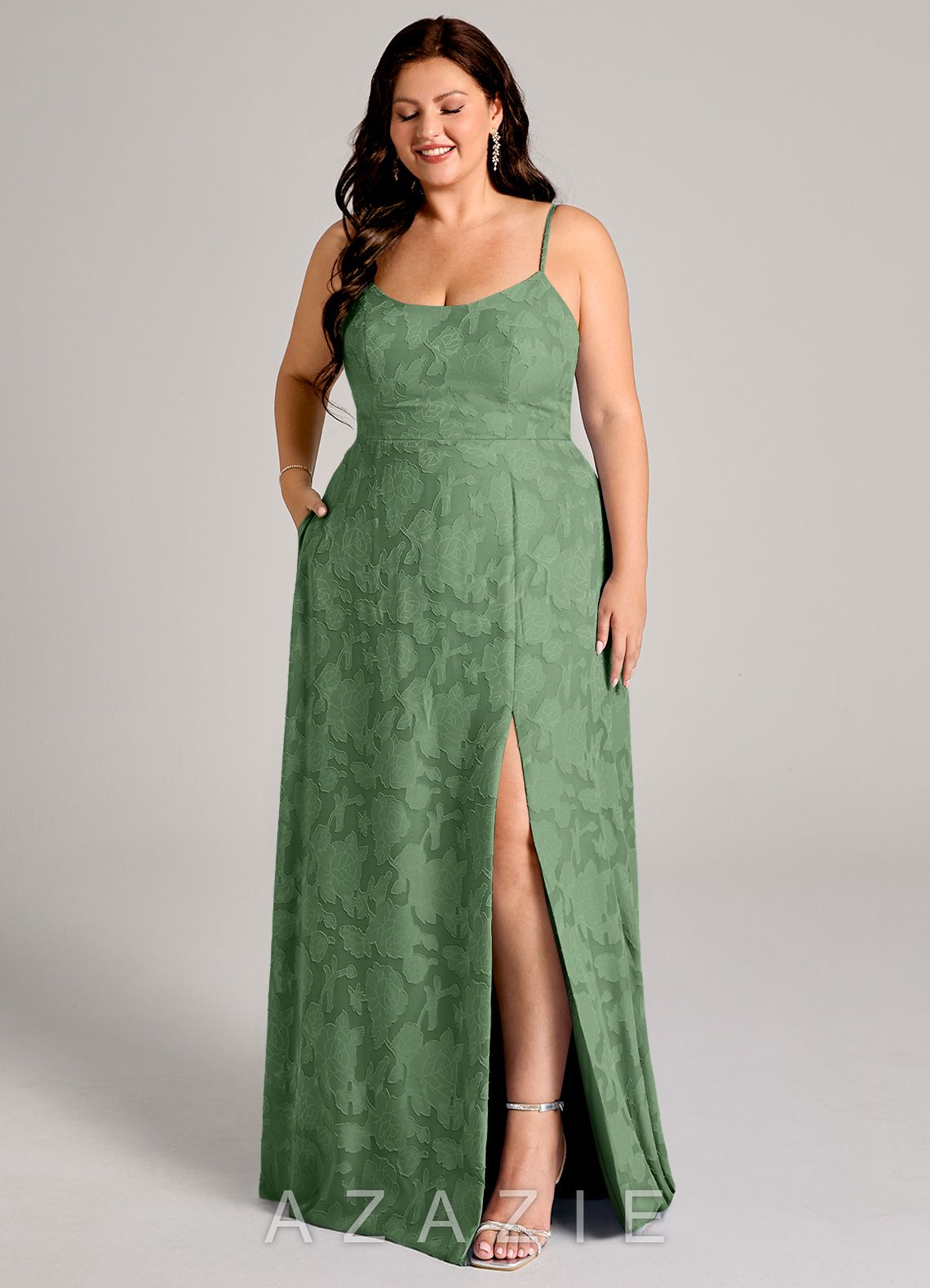 Azazie Moira Eucalyptus A-Line Side Slit Floral Burnout Dress eucalyptus