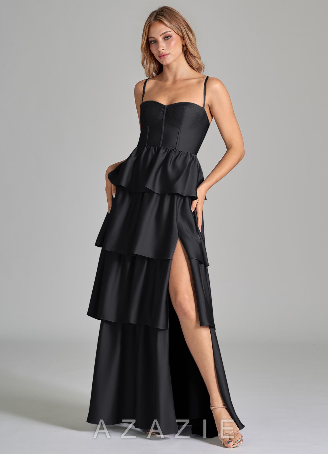 Azazie Faye Black A-Line Ruched Stretch Satin Dress black