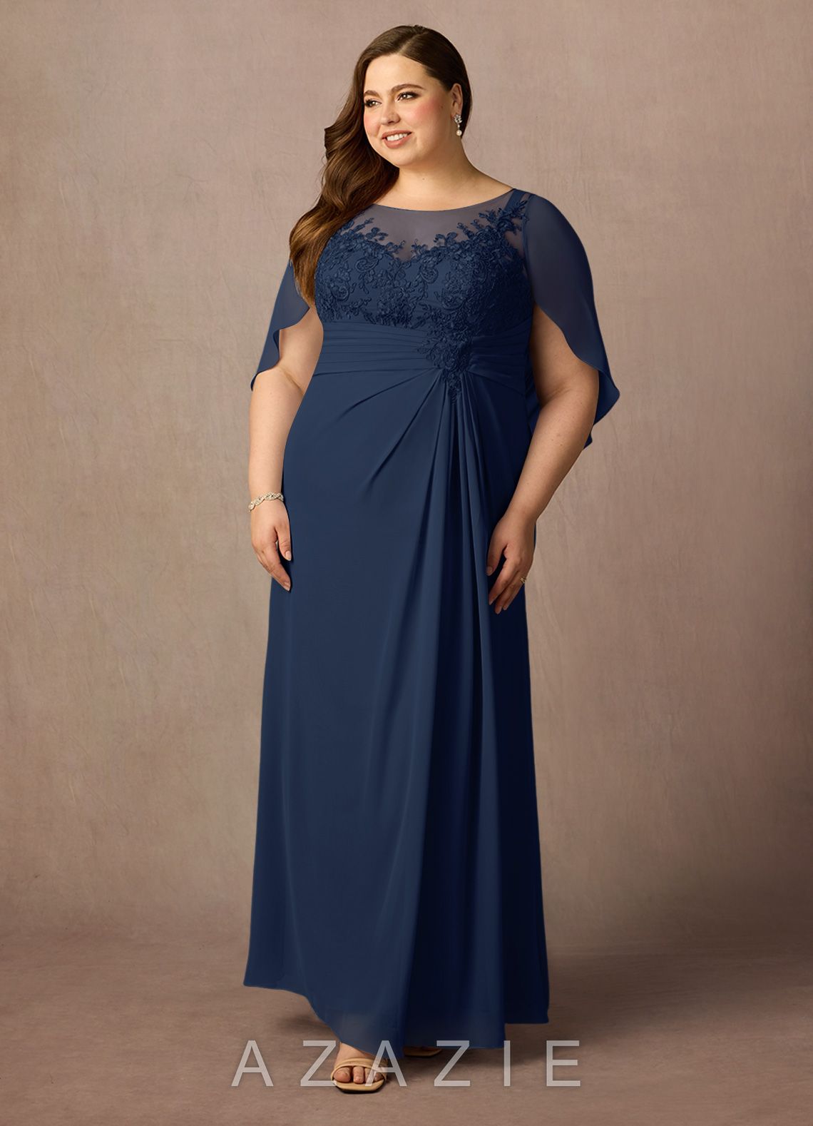 Azazie Hera Dark Navy A-Line Lace Capelet Chiffon Dress dark_navy