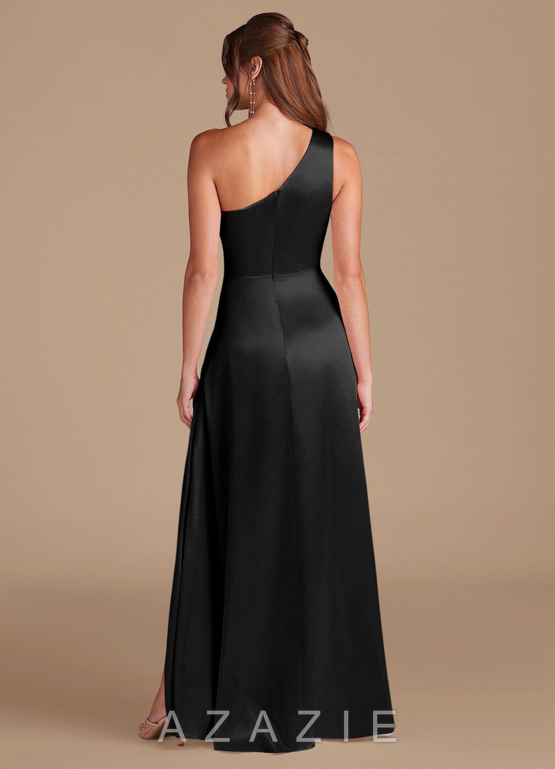 Azazie Brooke Black A-Line One Shoulder Metallic Satin Dress black