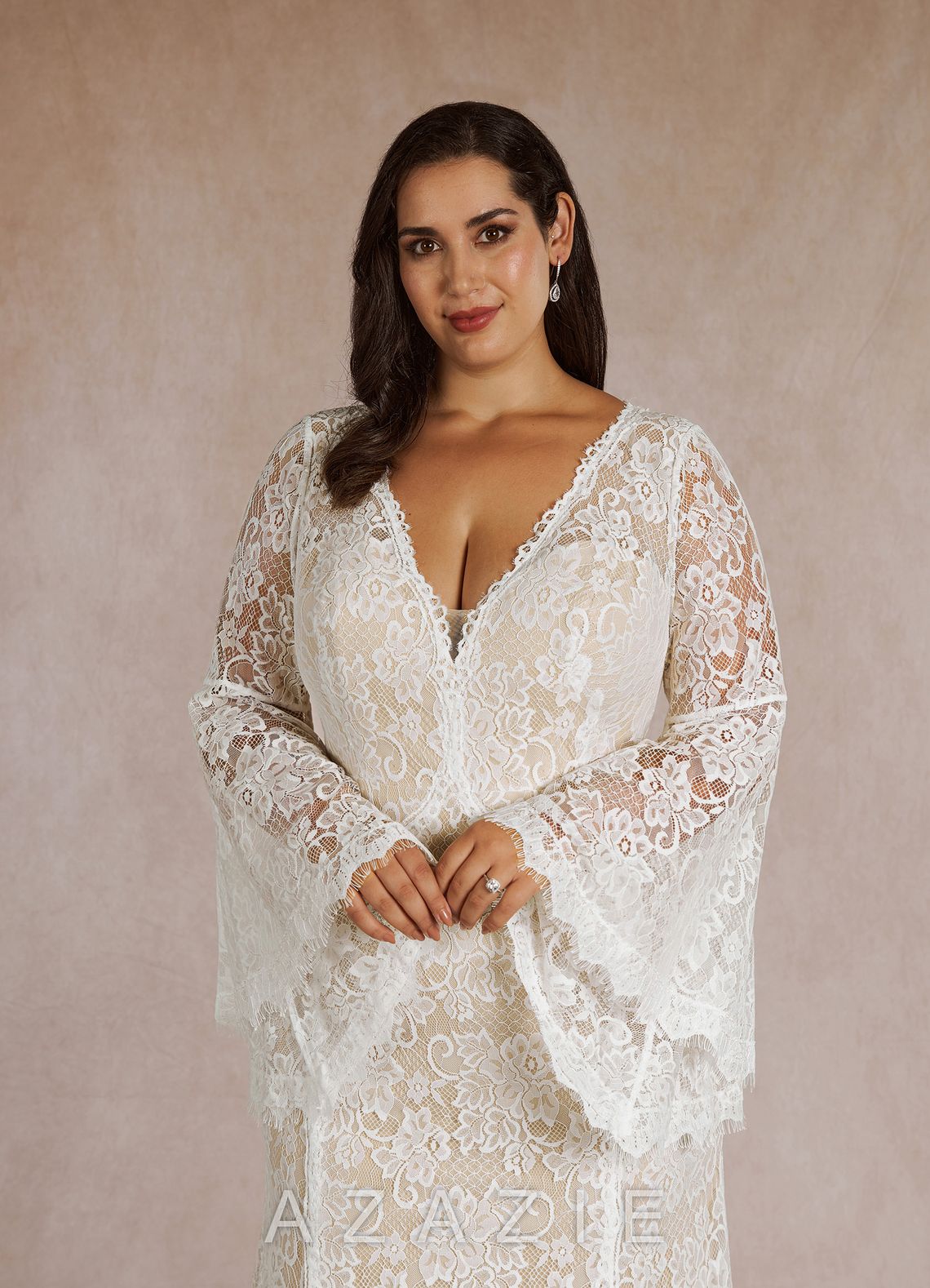 Azazie Hayes Wedding Dress Diamond White Champagne Mermaid V-Neck Lace Dress diamond_white/champagne