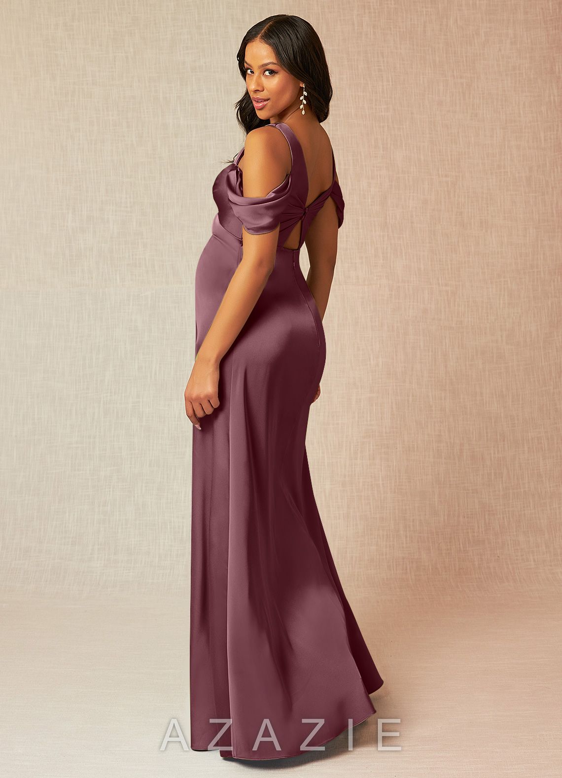 Azazie Rhea Stretch Satin Dress A-Line Off-The-Shouler Pleated Stretch Satin Floor-Length Dress amethyst
