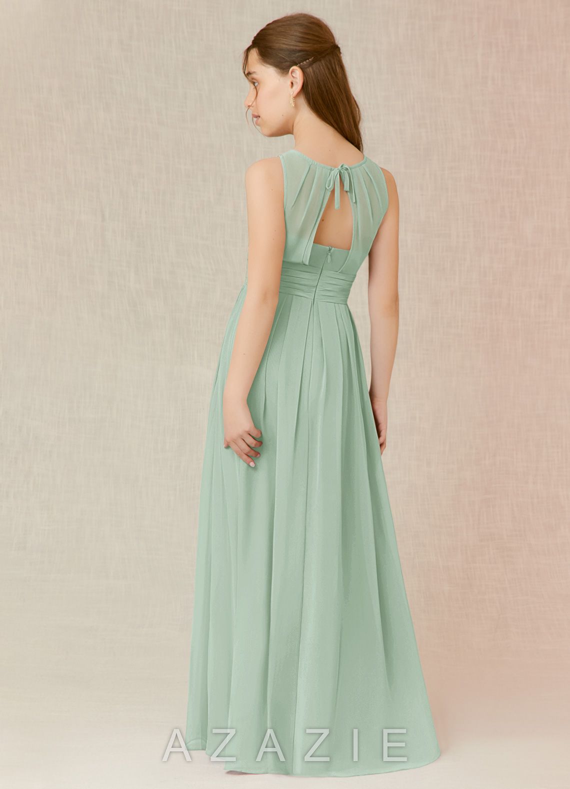 Azazie Bibiane Junior Agave A-Line Pleated Chiffon Dress agave