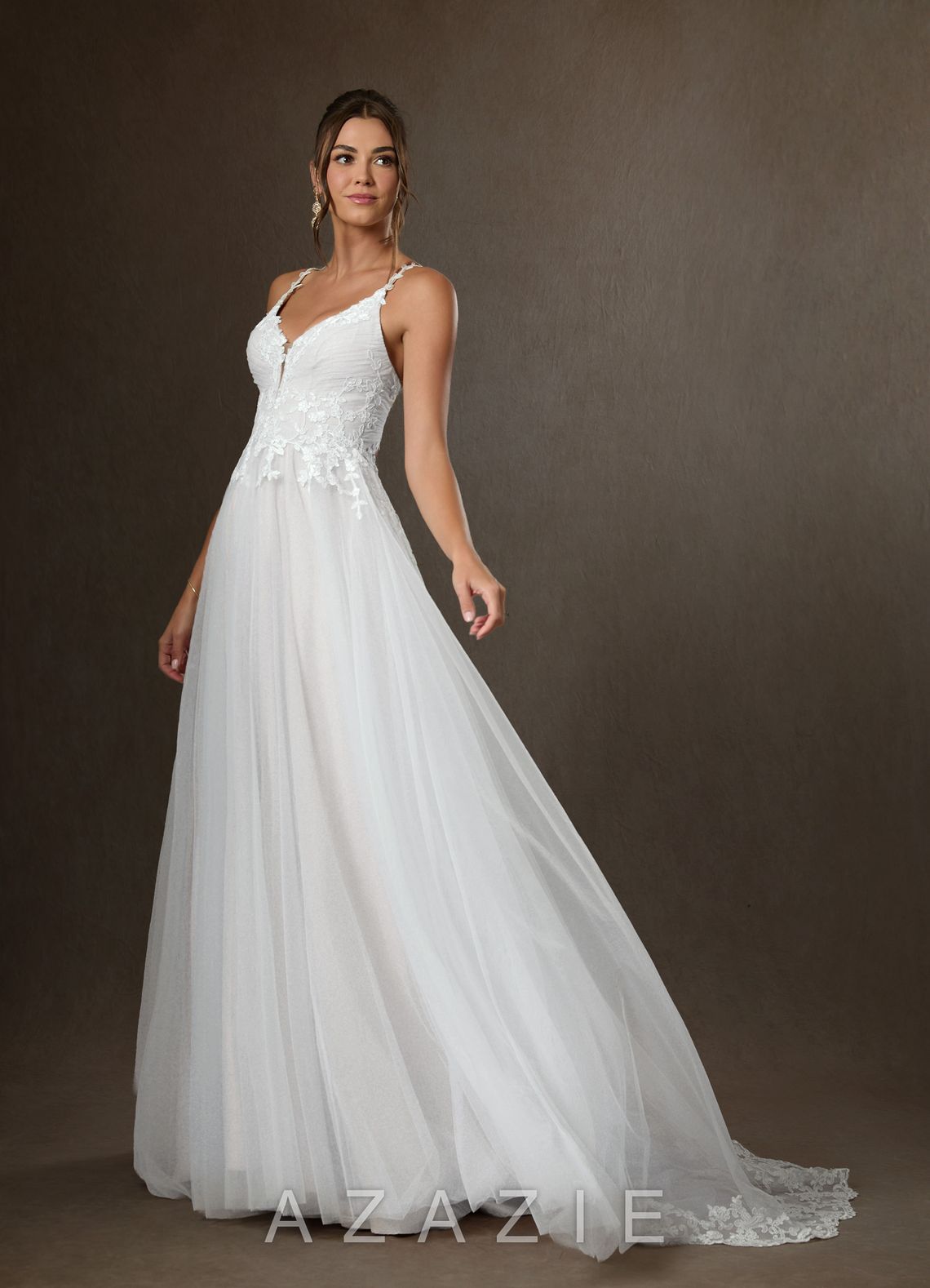 Azazie Devi Wedding Dress Diamond White A-Line V-Neck Lace Tulle Dress