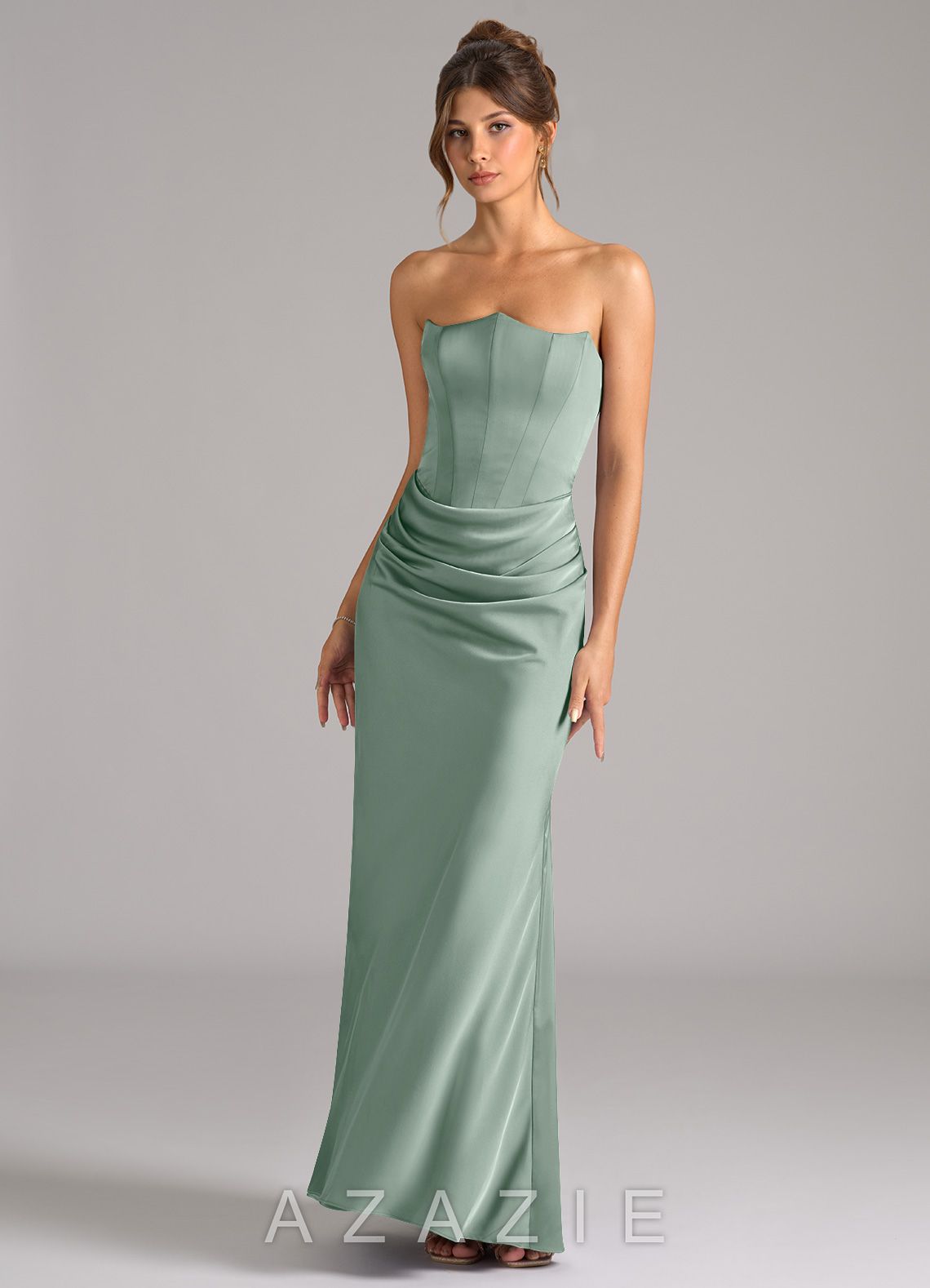Azazie Debby Agave Mermaid Strapless Stretch Satin Convertible Dress agave