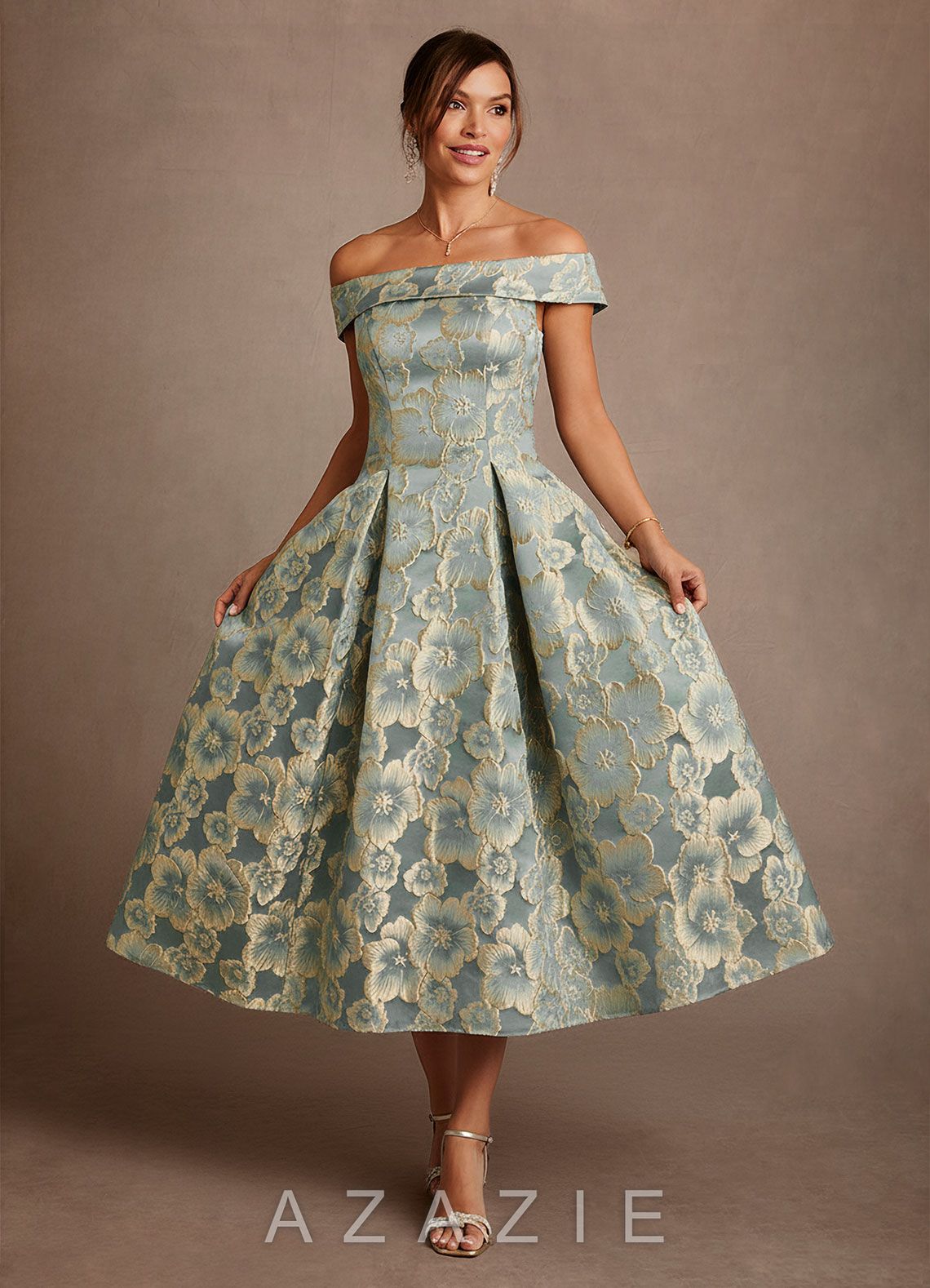 Azazie Centralia Aqua Blue Jacquard A-Line Off the Shoulder Floral Jacquard Dress aqua_blue_jacquard