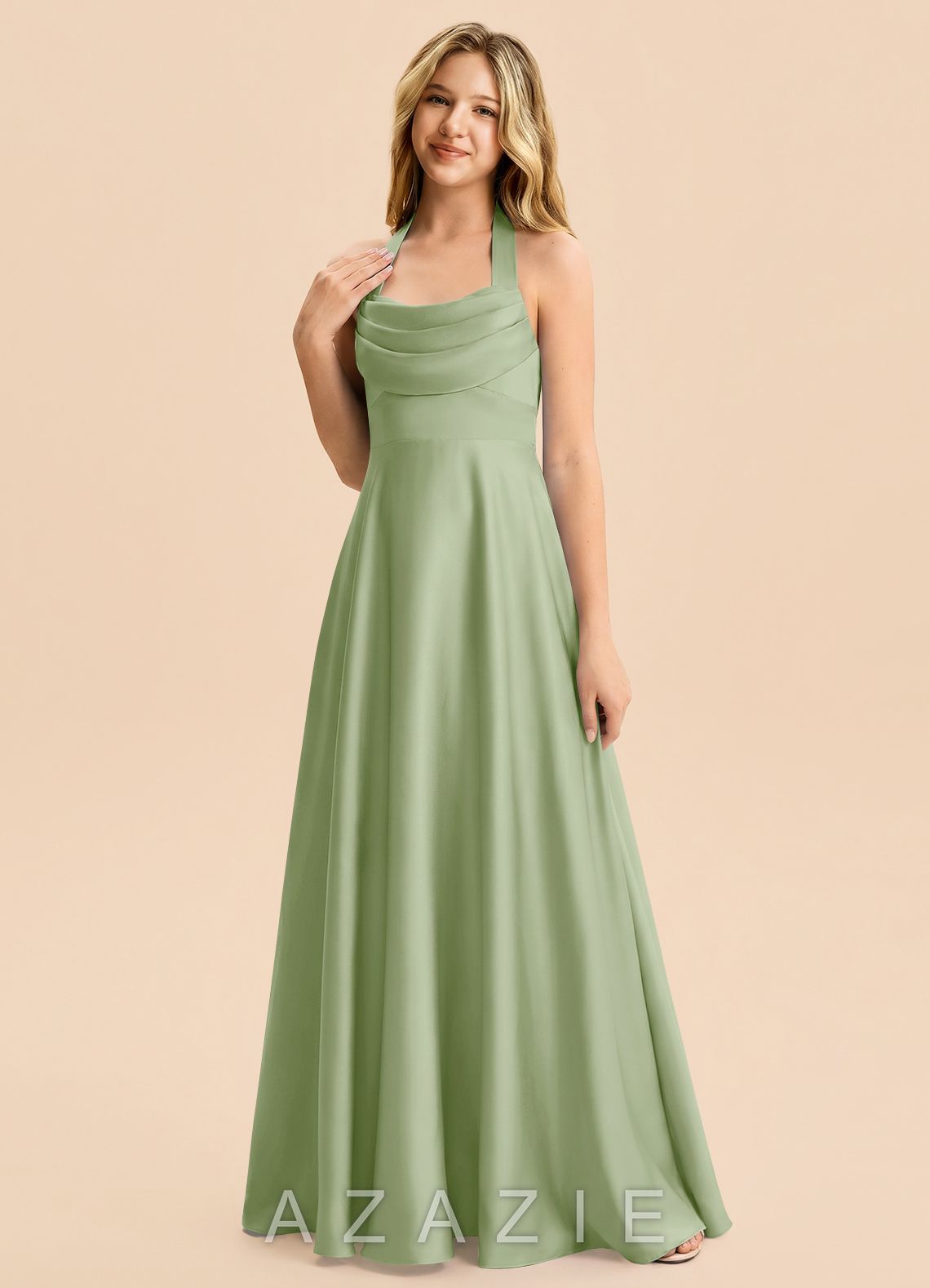 Azazie Kady Junior Dusty Sage A-Line Sweetheart Neckline Stretch Satin Dress dusty_sage