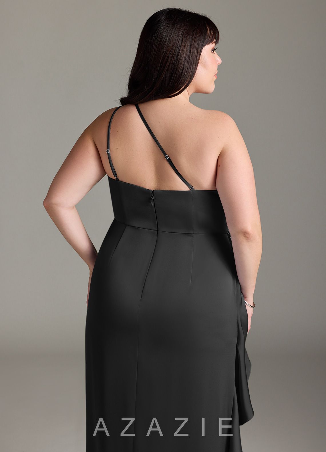 Azazie Latrice Black Sheath One Shoulder Cascading Ruffles Stretch Satin Dress black