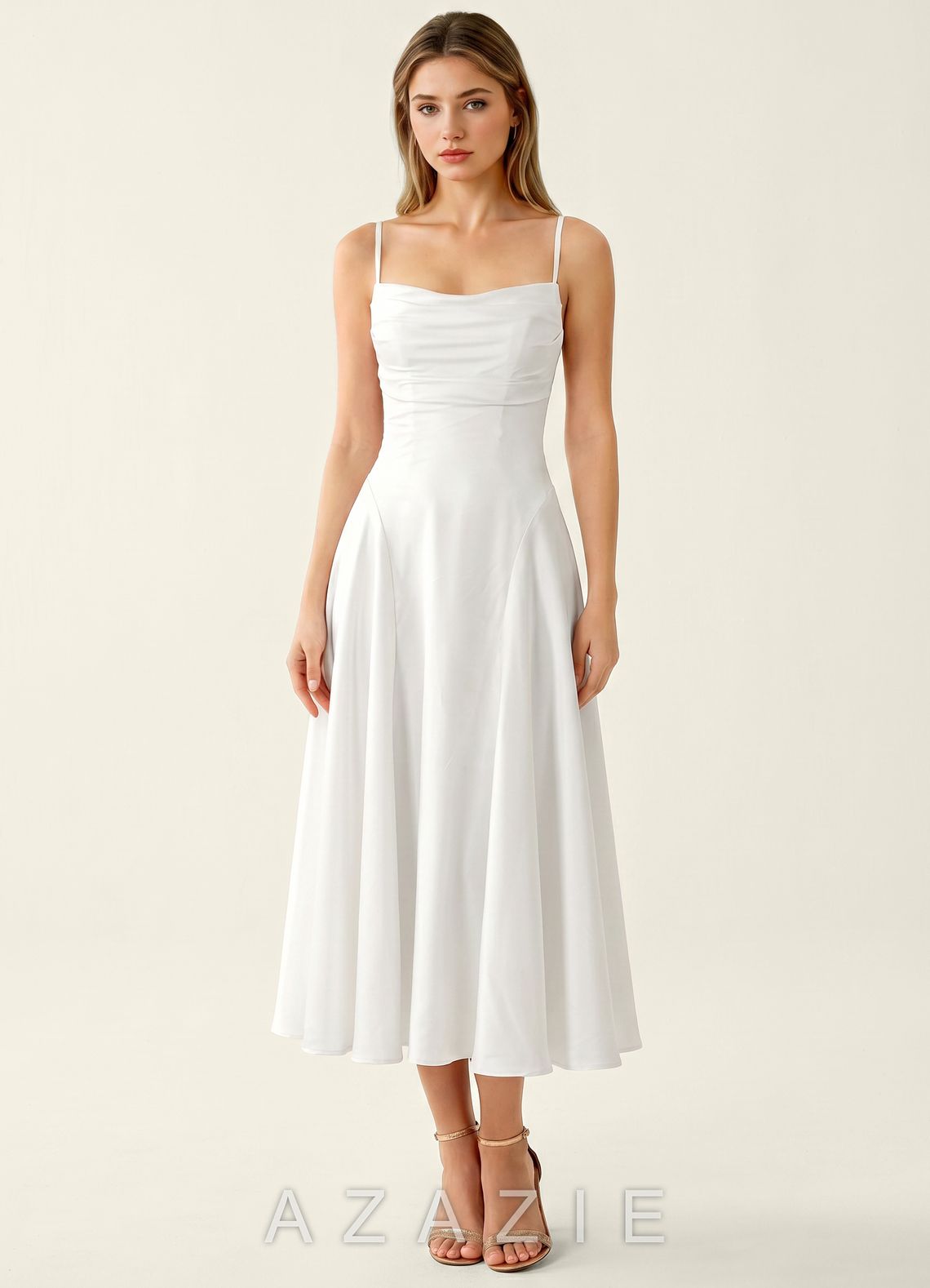 Madeleine White Satin Lace Up Back Midi A-line Graduation Dress