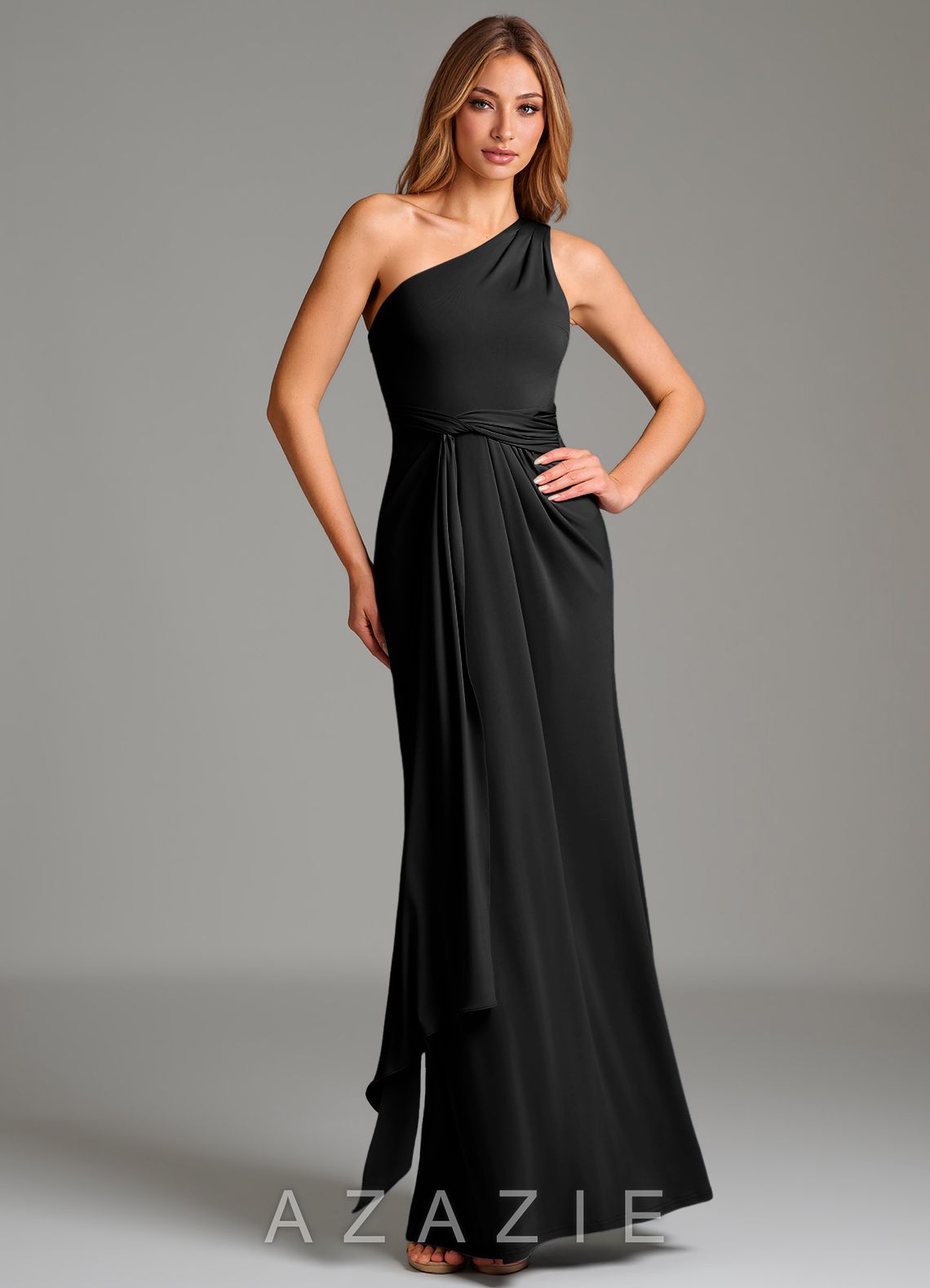 Azazie Taina Black A-Line One Shoulder Premium Stretch Jersey Dress black