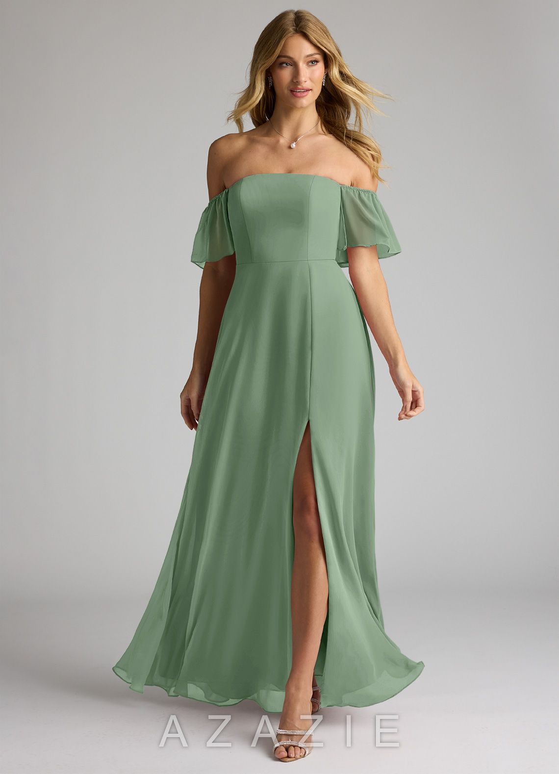 Azazie Sue Matcha A-Line Off the Shoulder Chiffon Convertible Dress