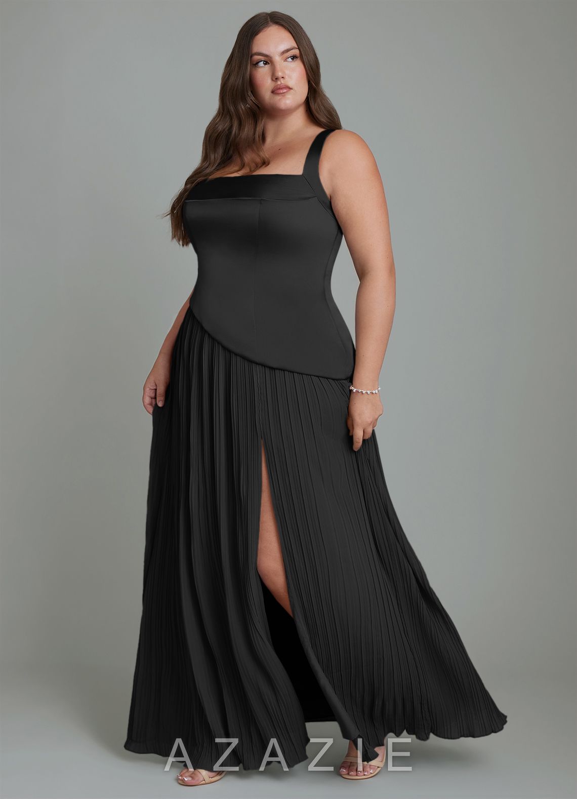 Azazie Stephanie Black A-Line Pleated Stretch Satin Dress black