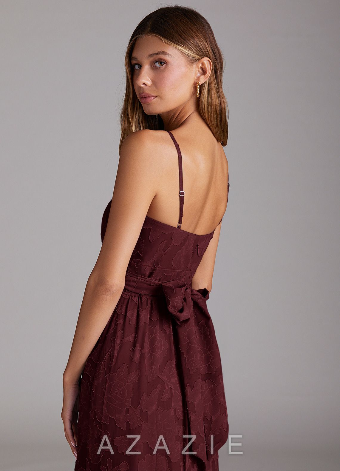Azazie Nathalia Cabernet A-Line Bow Floral Burnout Dress cabernet