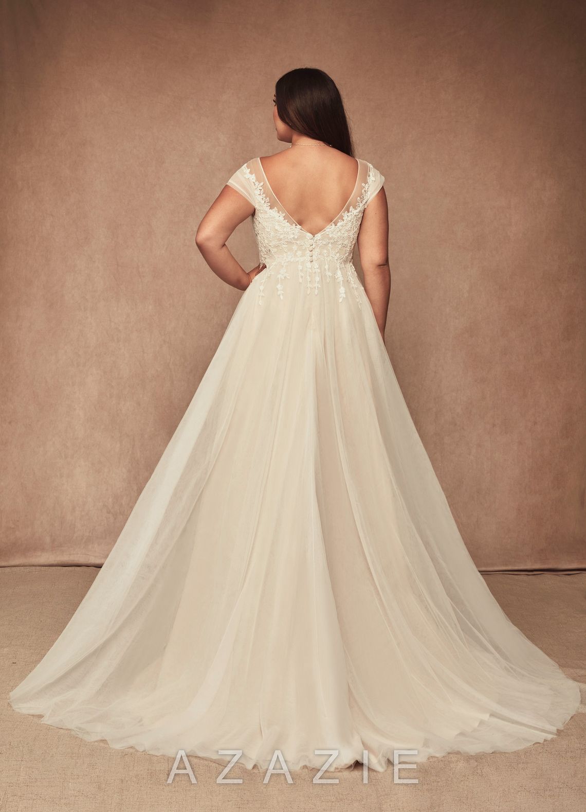 Azazie Bellisima Wedding Dress Diamond White Champagne A-Line V-Neck Tulle Dress diamond_white/champagne