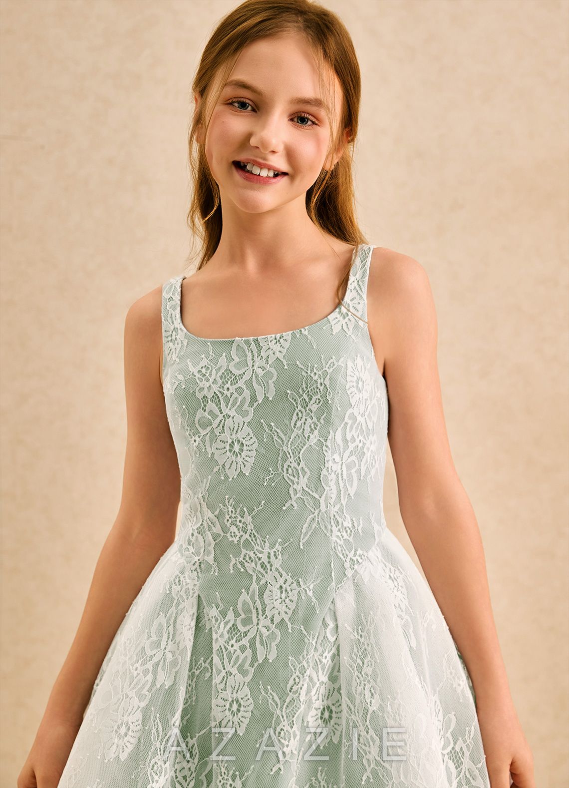 Azazie Cubbie Girls Formal Dusty Sage A-Line Lace Dress dusty_sage