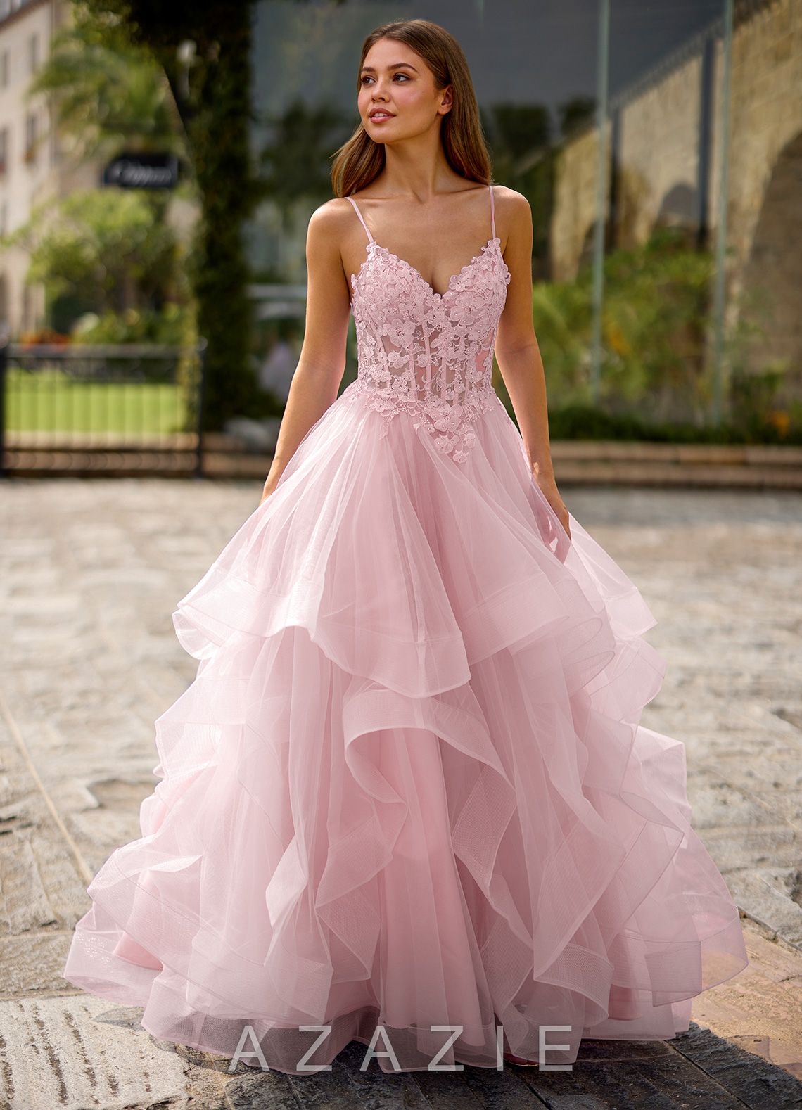 Spitze Pink Sheer Lace Prom Dress  pink