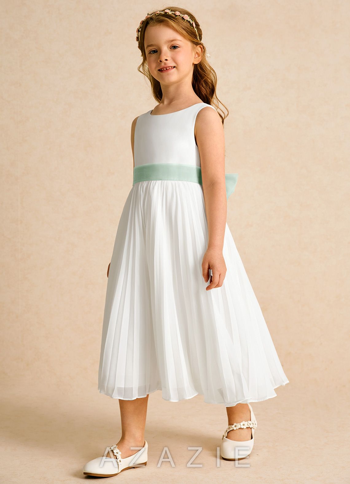 Azazie Margot Ivory Agave A-Line Pleated Chiffon Dress ivory/agave