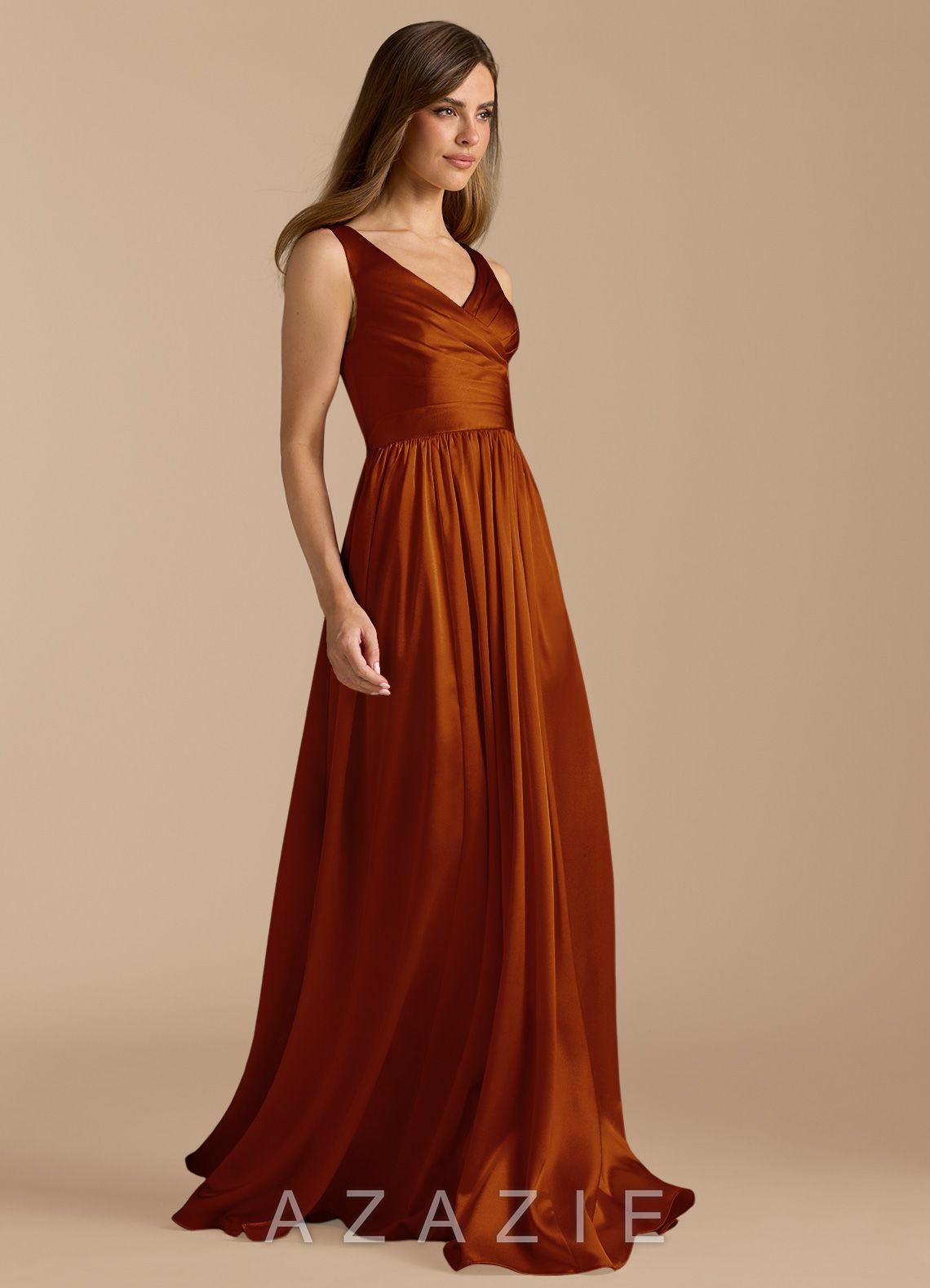 Azazie Keyla Auburn A-Line Pleated Metallic Satin Dress auburn