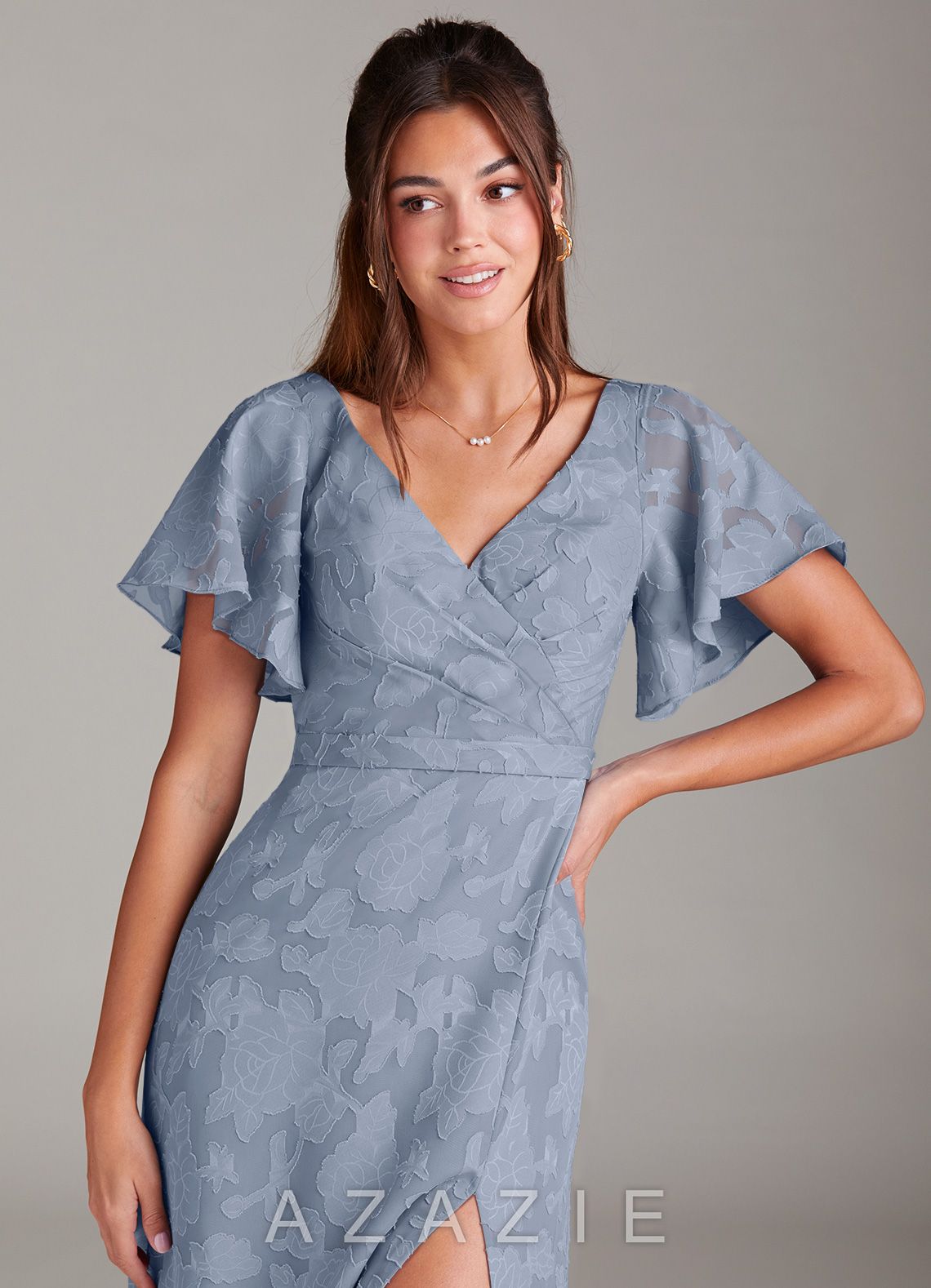 Azazie Ambrosia Dusty Blue A-Line Pleated Floral Burnout Dress dusty_blue