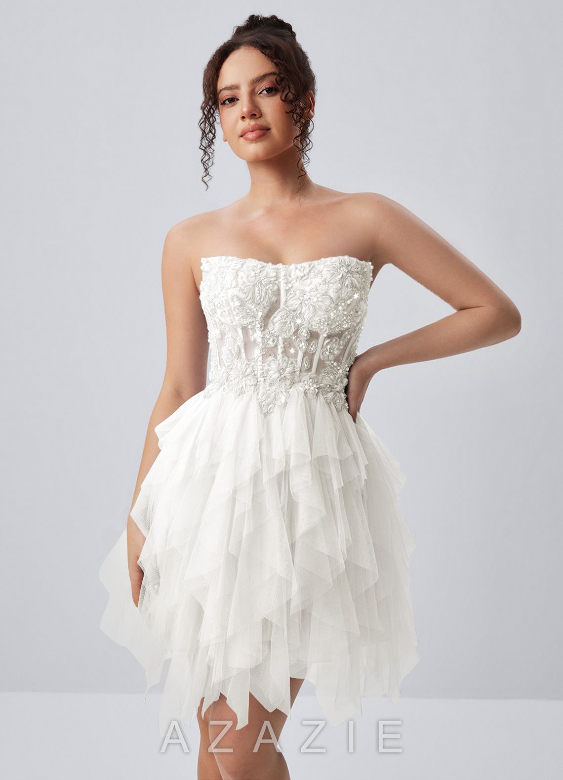 Madeline White Strapless 3D Floral Tulle Lace-Up Mini Dress