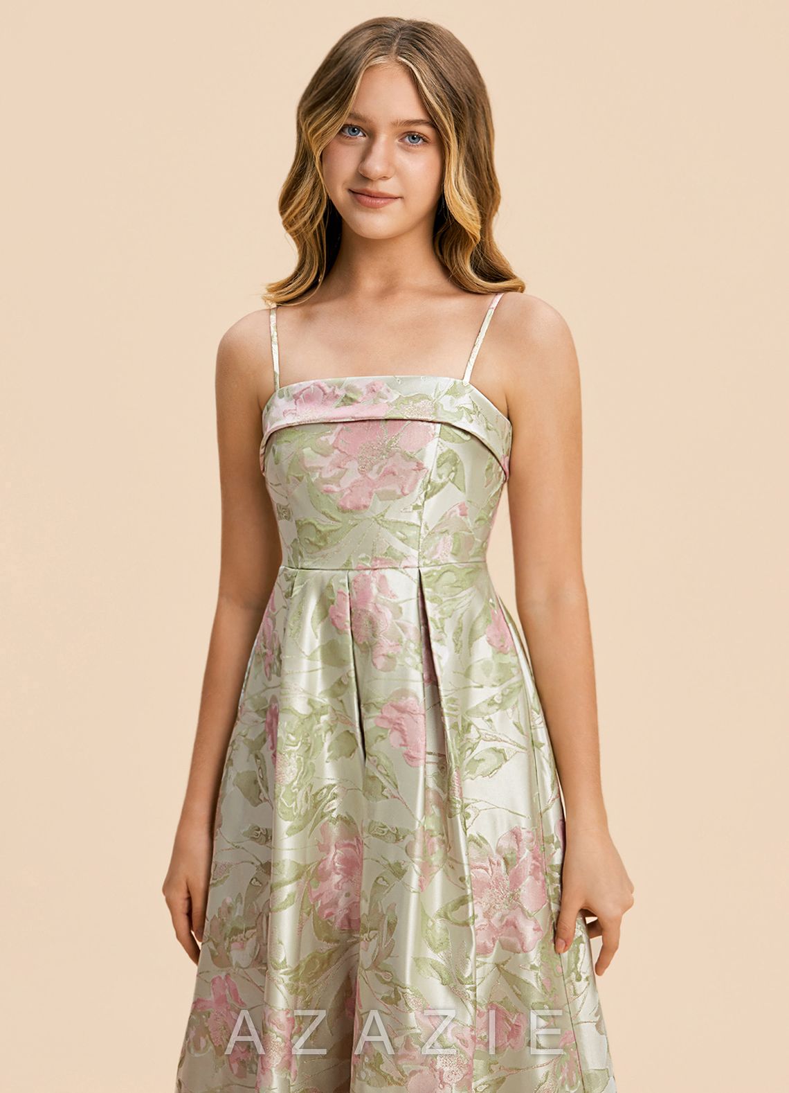 Azazie Penny Junior Formal Dress  sp_blush_floral_green_#bg134308