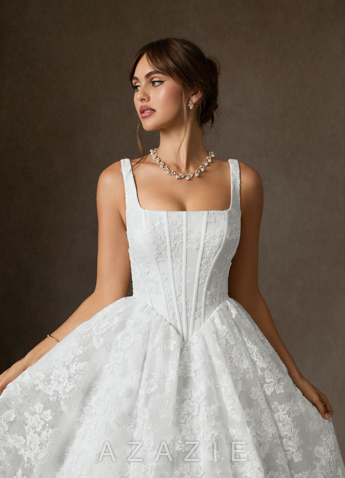 Azazie Geneva Diamond White Ball-Gown Square Neckline Lace Dress diamond_white