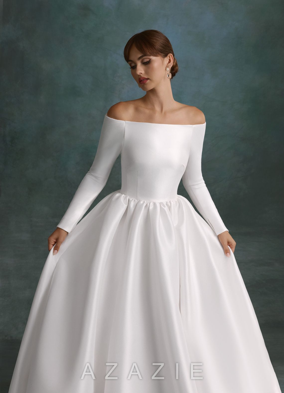 Azazie Cerese Diamond White Ball-Gown Off the Shoulder Mikado Dress diamond_white